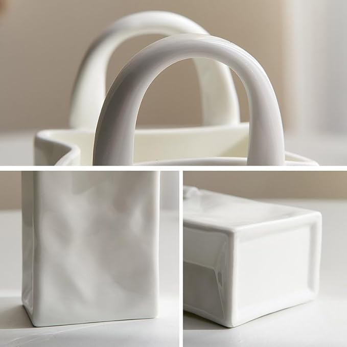 Decorative Ceramic Vase with Handle for Living Room, Dining Room, Bedroom, Kitchen or Bathroom, Tall/ Medium, White, CJJT130659701AZ