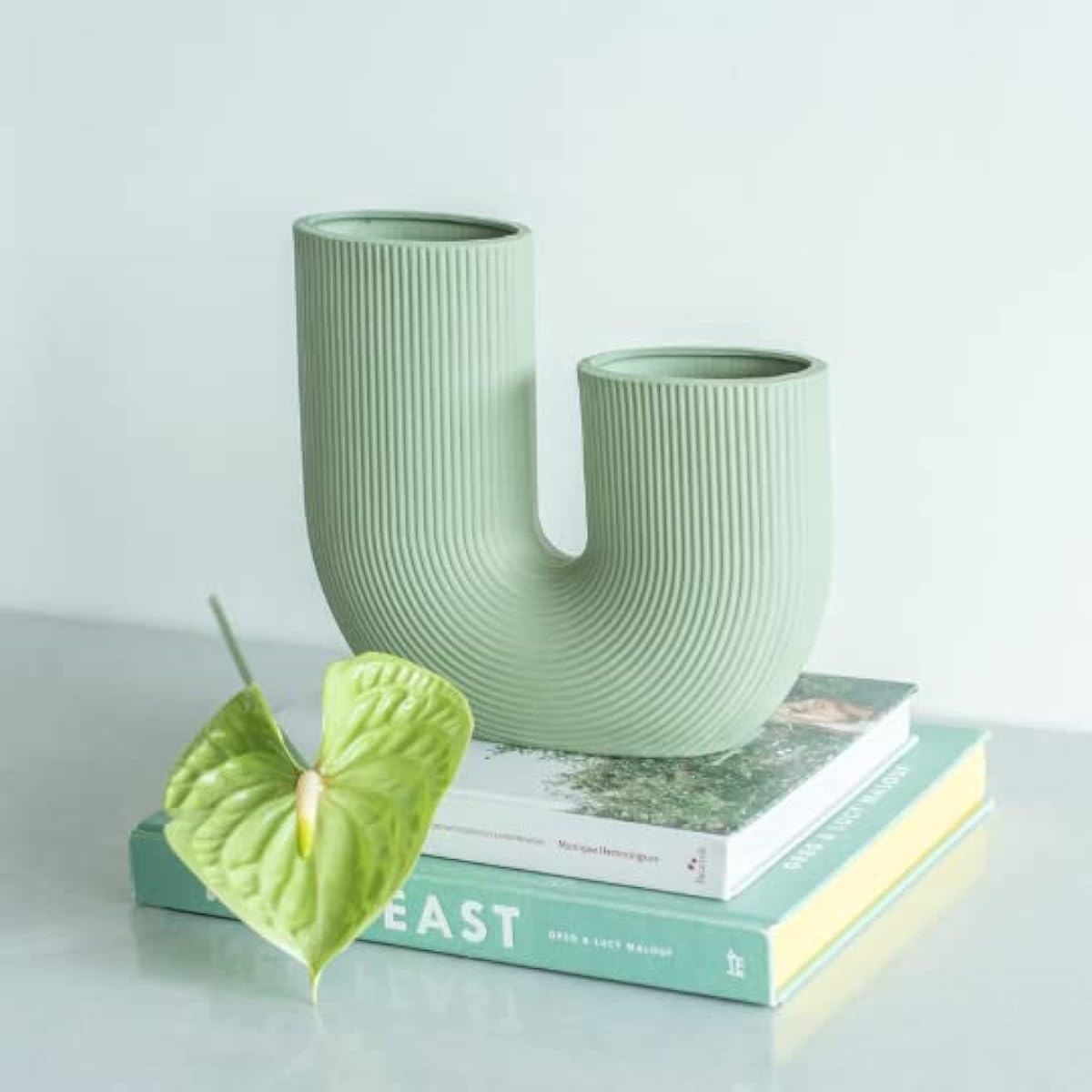 Green U Shaped Ceramic Vase for Flowers, Modern Home Decor, Gift, Entranceway, Dining Table and Bookshelf